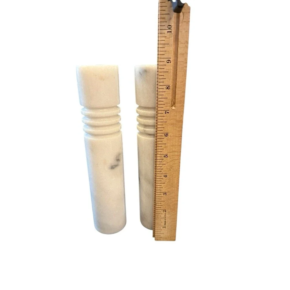 Vintage Marble MCM Candlesticks Pair White‎ & Grey 9”